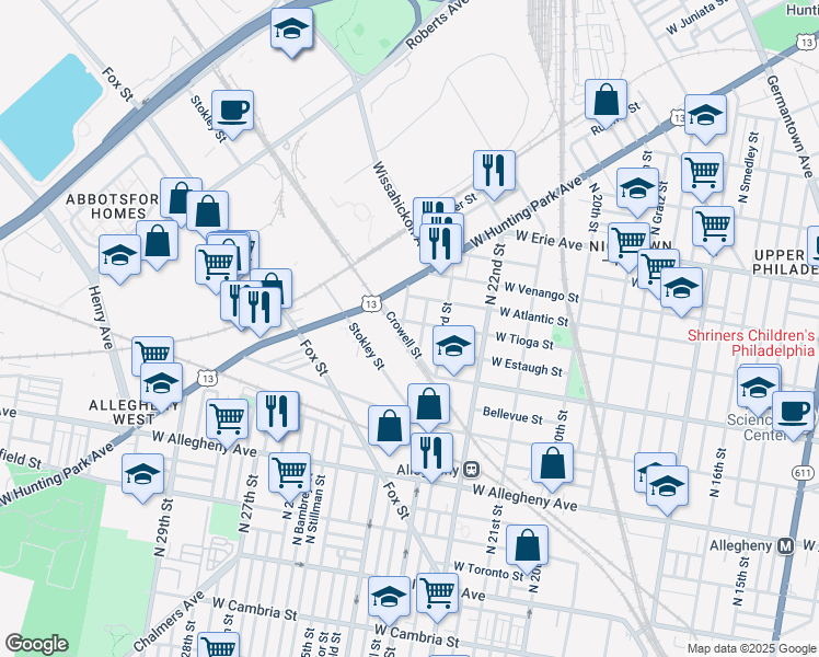 map of restaurants, bars, coffee shops, grocery stores, and more near 2336 West Tioga Street in Philadelphia
