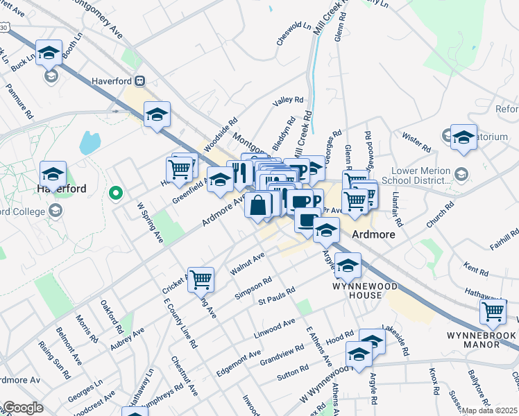 map of restaurants, bars, coffee shops, grocery stores, and more near 38 Lancaster Avenue in Ardmore