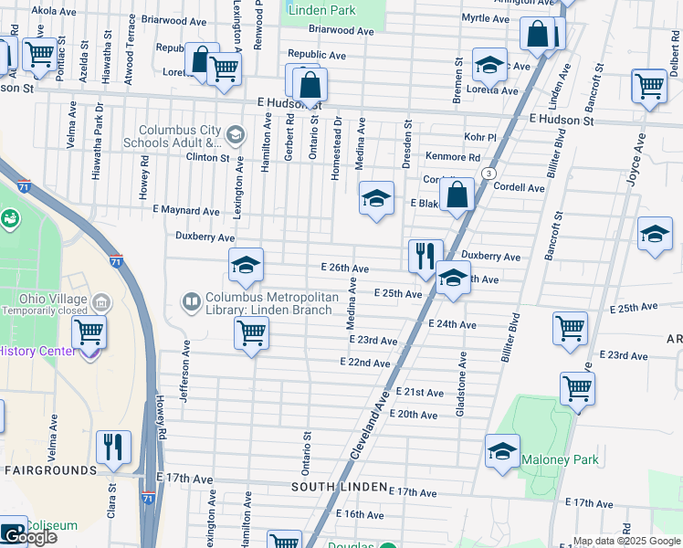 map of restaurants, bars, coffee shops, grocery stores, and more near 1249 East 26th Avenue in Columbus