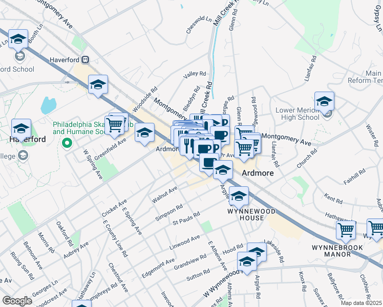 map of restaurants, bars, coffee shops, grocery stores, and more near 5 East Lancaster Avenue in Ardmore