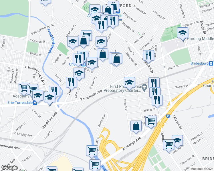 map of restaurants, bars, coffee shops, grocery stores, and more near 1950 Ruan Street in Philadelphia