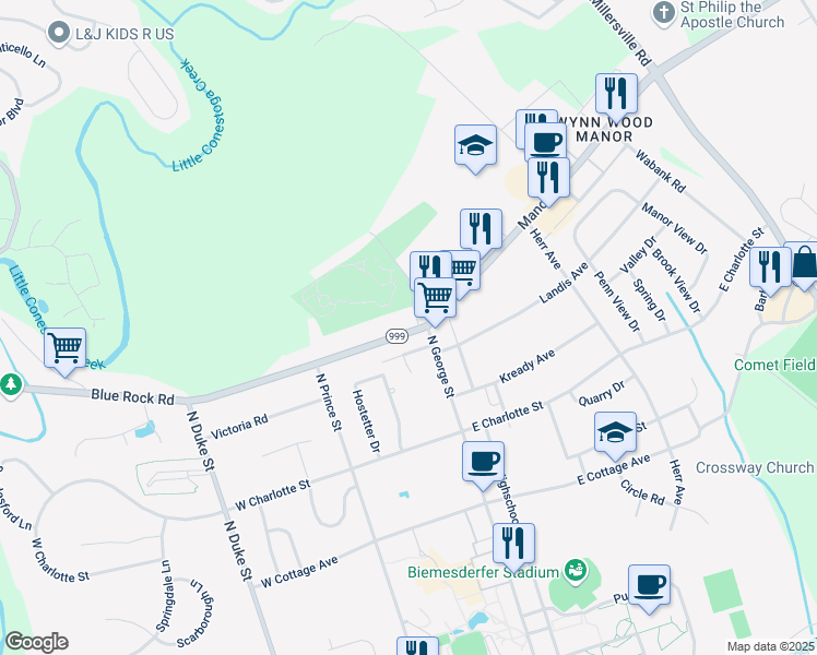 map of restaurants, bars, coffee shops, grocery stores, and more near 13 Blue Rock Road in Millersville