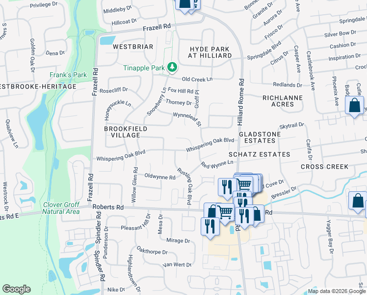 map of restaurants, bars, coffee shops, grocery stores, and more near 5500 Whispering Oak Boulevard in Hilliard