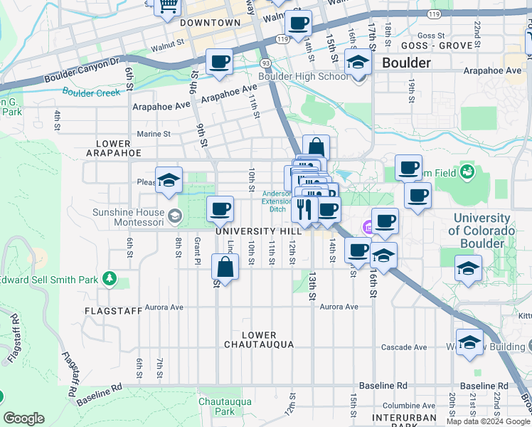 map of restaurants, bars, coffee shops, grocery stores, and more near 1131-1133 11th Street in Boulder