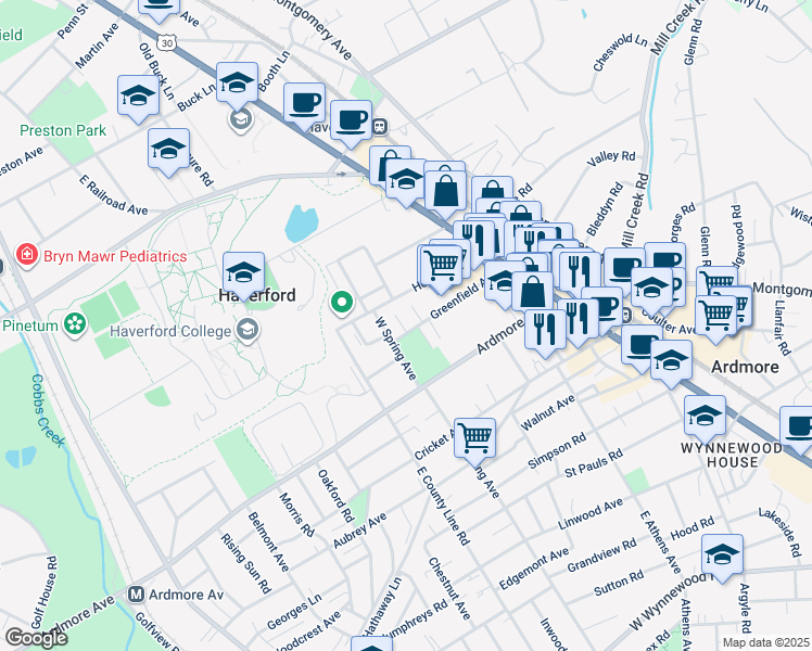 map of restaurants, bars, coffee shops, grocery stores, and more near 86 Greenfield Avenue in Ardmore