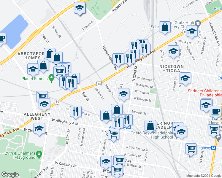 map of restaurants, bars, coffee shops, grocery stores, and more near 2340 West Tioga Street in Philadelphia