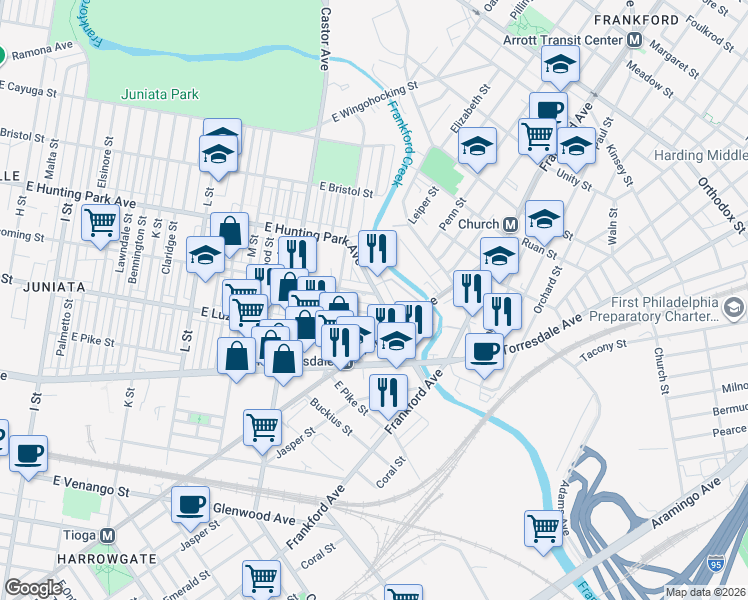 map of restaurants, bars, coffee shops, grocery stores, and more near 1709 East Hunting Park Avenue in Philadelphia