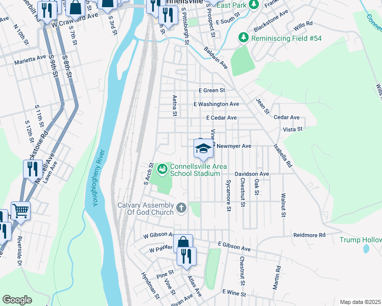 map of restaurants, bars, coffee shops, grocery stores, and more near 1129 South Pittsburgh Street in Connellsville