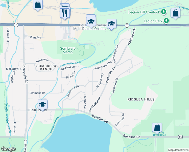 map of restaurants, bars, coffee shops, grocery stores, and more near 1126 Ravenwood Road in Boulder