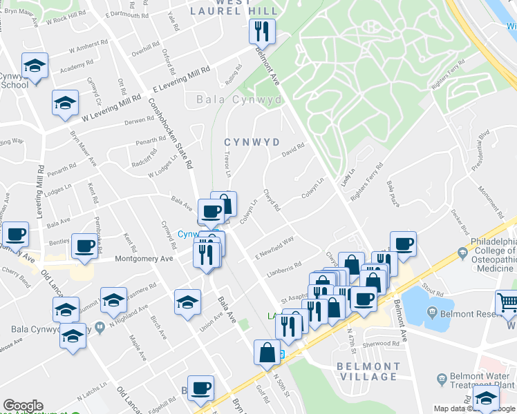 map of restaurants, bars, coffee shops, grocery stores, and more near 18 Colwyn Lane in Bala Cynwyd