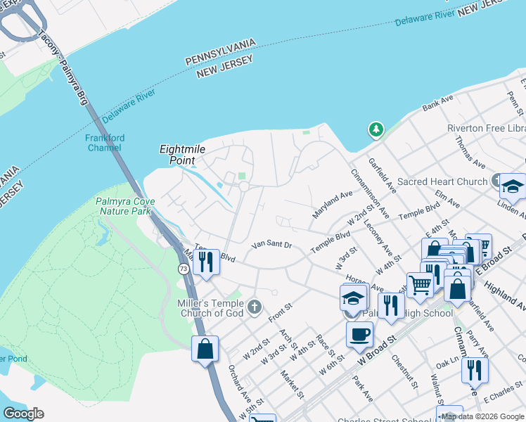 map of restaurants, bars, coffee shops, grocery stores, and more near 3067 Harbour Drive in Palmyra