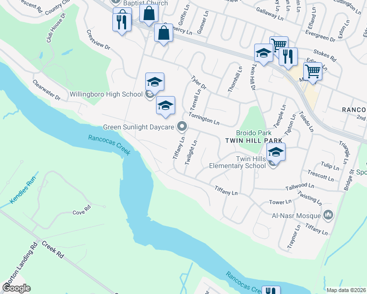 map of restaurants, bars, coffee shops, grocery stores, and more near 36 Twilight Lane in Willingboro