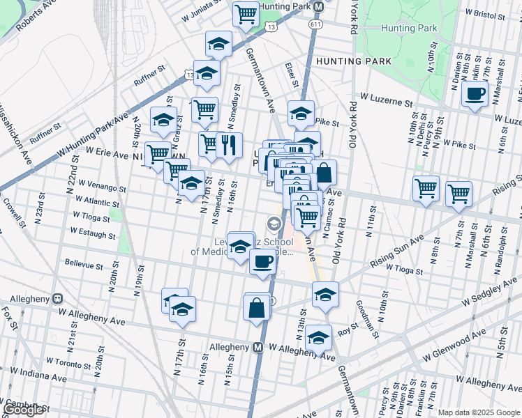 map of restaurants, bars, coffee shops, grocery stores, and more near 1445 West Venango Street in Philadelphia