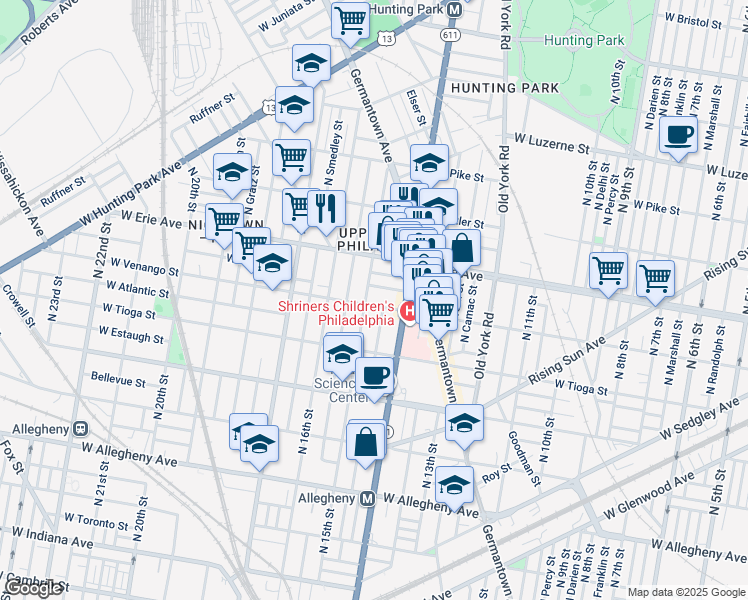 map of restaurants, bars, coffee shops, grocery stores, and more near 1441 West Venango Street in Philadelphia