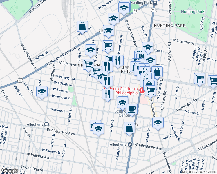 map of restaurants, bars, coffee shops, grocery stores, and more near 1638 West Venango Street in Philadelphia