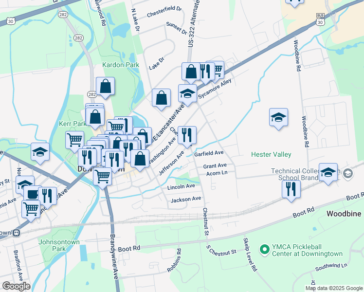 map of restaurants, bars, coffee shops, grocery stores, and more near 381 Jefferson Avenue in Downingtown