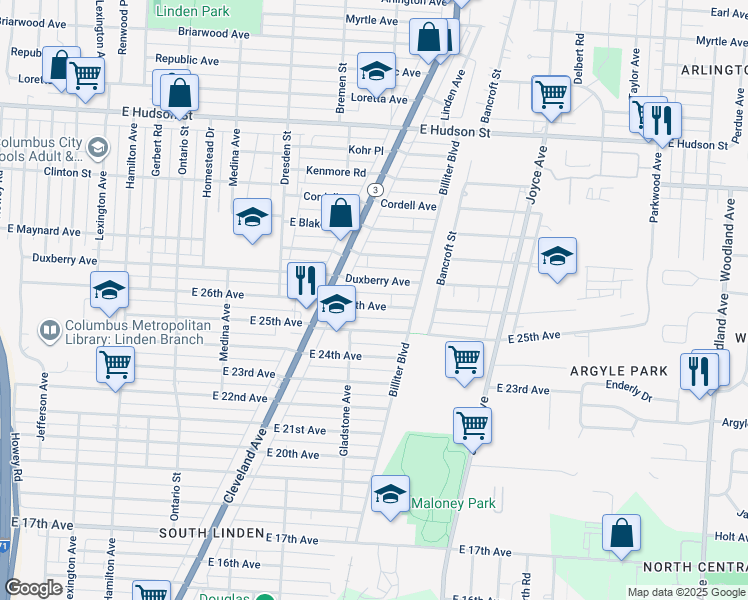 map of restaurants, bars, coffee shops, grocery stores, and more near 1524 East 26th Avenue in Columbus