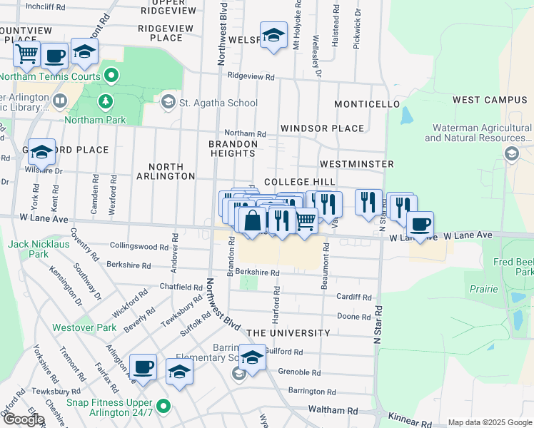 map of restaurants, bars, coffee shops, grocery stores, and more near 2495 Westmont Boulevard in Columbus