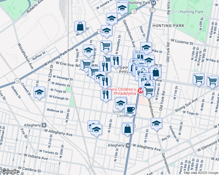 map of restaurants, bars, coffee shops, grocery stores, and more near 3519 North Smedley Street in Philadelphia