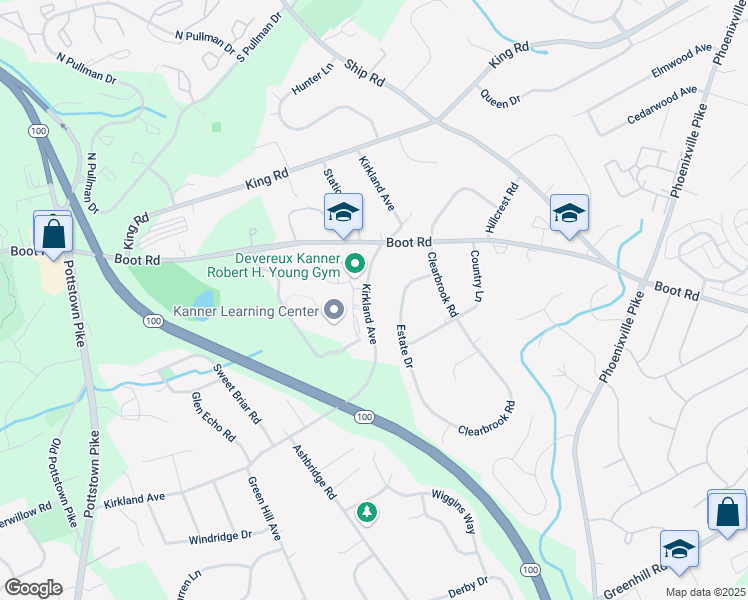 map of restaurants, bars, coffee shops, grocery stores, and more near 1287 Kirkland Avenue in West Chester