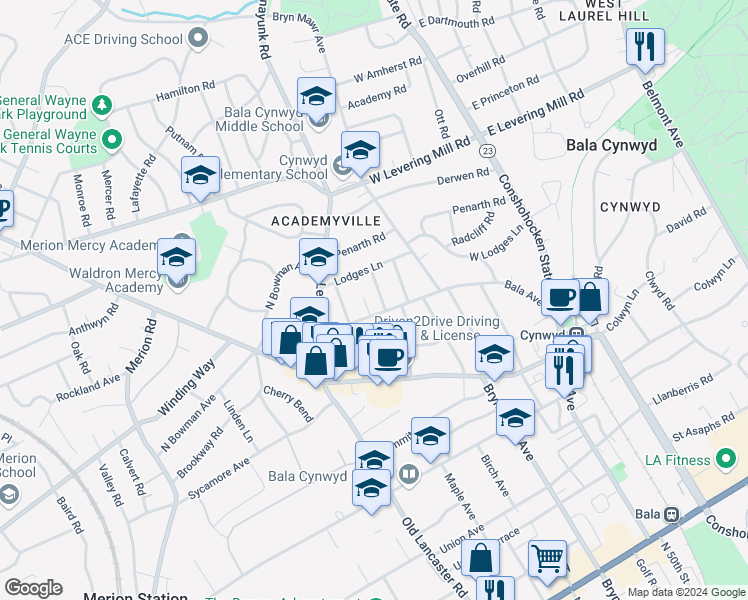 map of restaurants, bars, coffee shops, grocery stores, and more near 400 Pembroke Road in Bala Cynwyd