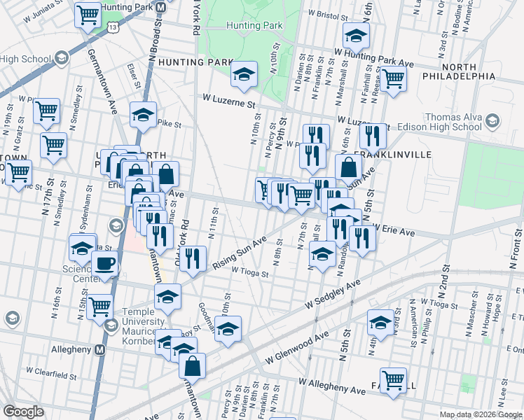map of restaurants, bars, coffee shops, grocery stores, and more near 816 West Erie Avenue in Philadelphia
