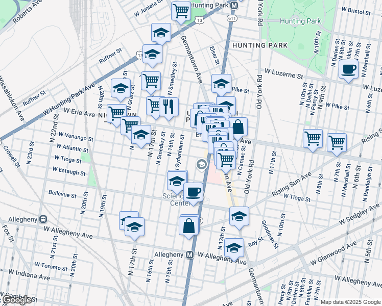 map of restaurants, bars, coffee shops, grocery stores, and more near 1447 West Venango Street in Philadelphia