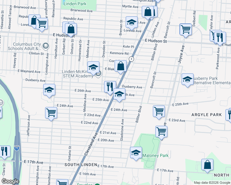 map of restaurants, bars, coffee shops, grocery stores, and more near Cleveland Ave & E 26th Ave in Columbus