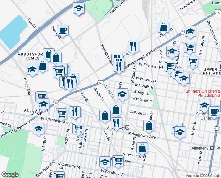map of restaurants, bars, coffee shops, grocery stores, and more near 2336 West Tioga Street in Philadelphia