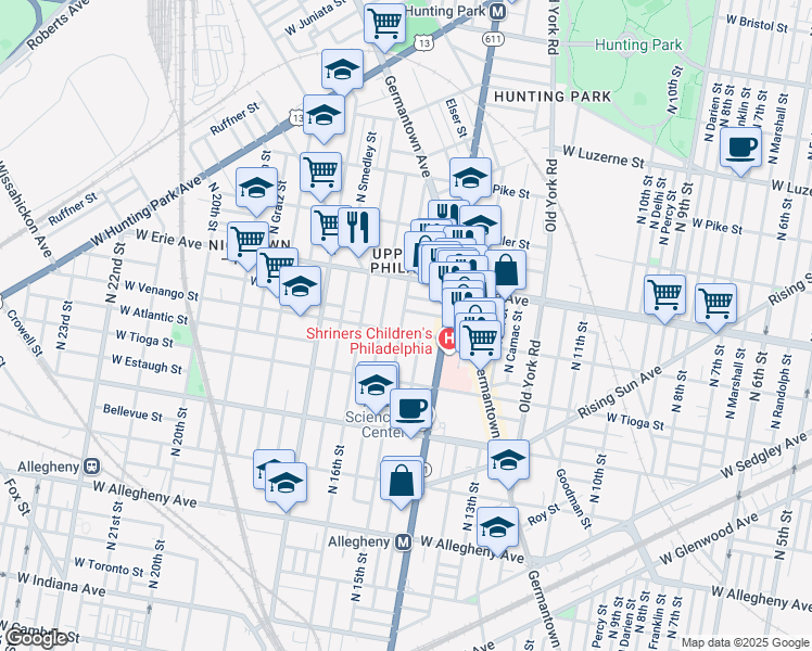 map of restaurants, bars, coffee shops, grocery stores, and more near 1447 West Venango Street in Philadelphia