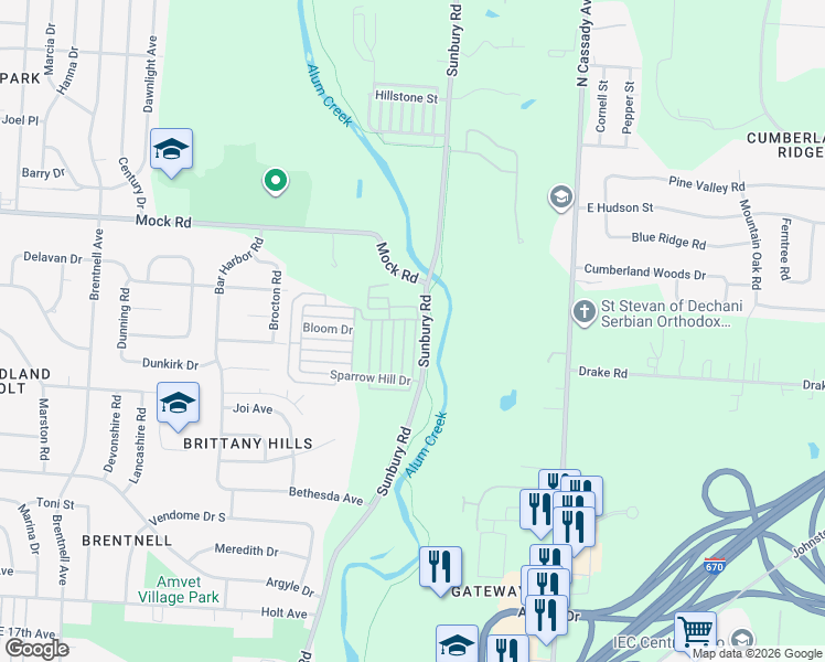 map of restaurants, bars, coffee shops, grocery stores, and more near 1855 Sunbury Road in Columbus