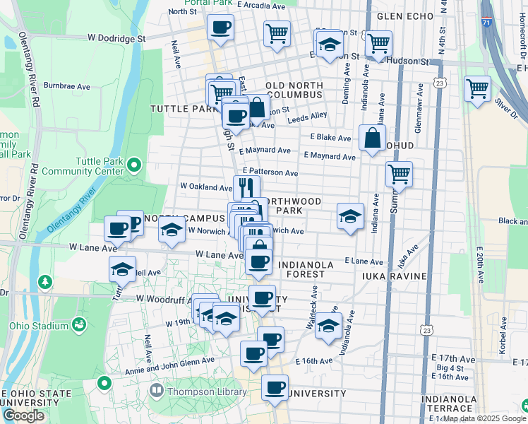 map of restaurants, bars, coffee shops, grocery stores, and more near 39 East Northwood Avenue in Columbus