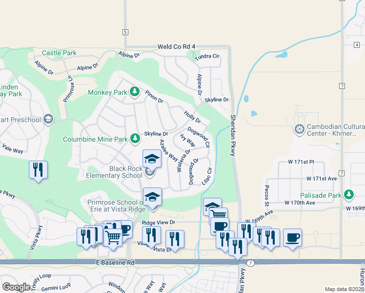 map of restaurants, bars, coffee shops, grocery stores, and more near 2278 Dogwood Circle in Erie