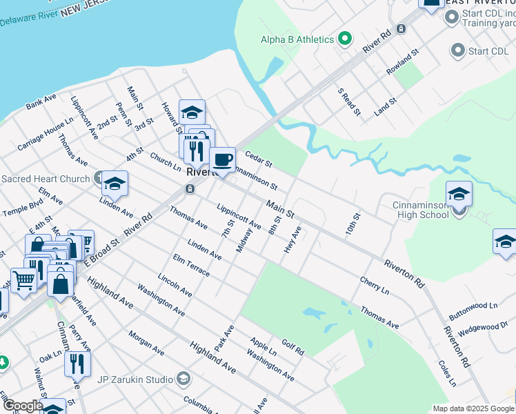 map of restaurants, bars, coffee shops, grocery stores, and more near 410 Midway Avenue in Riverton