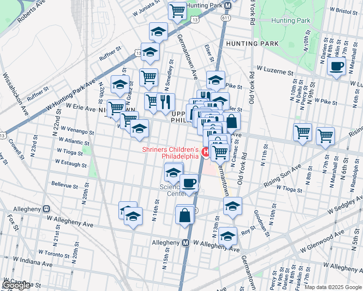 map of restaurants, bars, coffee shops, grocery stores, and more near 1507 West Venango Street in Philadelphia