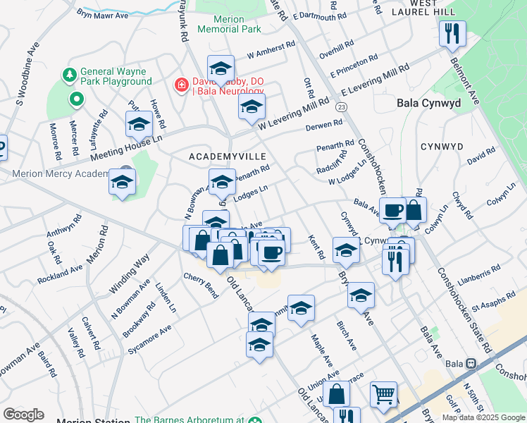 map of restaurants, bars, coffee shops, grocery stores, and more near 400 Pembroke Road in Bala Cynwyd