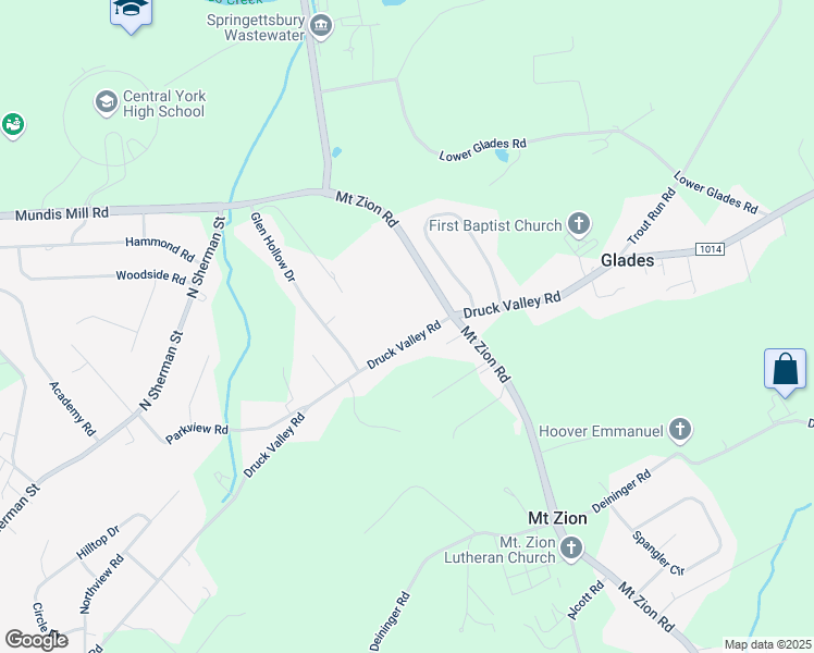 map of restaurants, bars, coffee shops, grocery stores, and more near 3103 Druck Valley Road in York