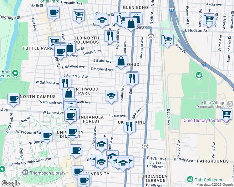 map of restaurants, bars, coffee shops, grocery stores, and more near in Columbus