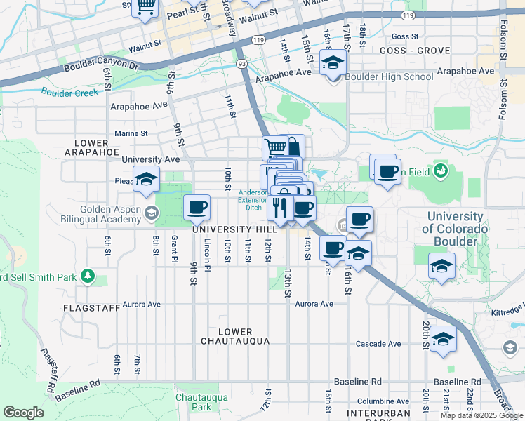 map of restaurants, bars, coffee shops, grocery stores, and more near 1139 12th Street in Boulder