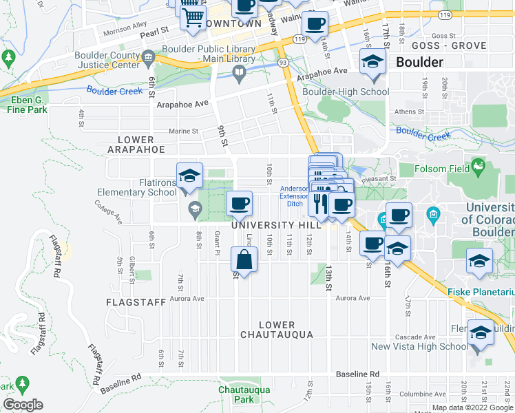 map of restaurants, bars, coffee shops, grocery stores, and more near 1128 Lincoln Place in Boulder