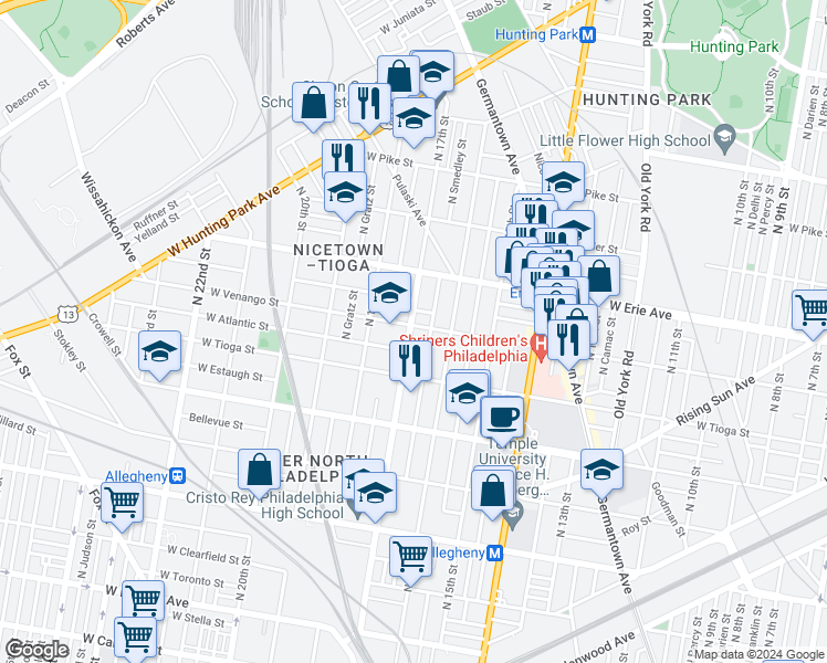 map of restaurants, bars, coffee shops, grocery stores, and more near 1638 West Venango Street in Philadelphia