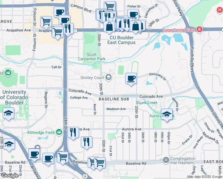 map of restaurants, bars, coffee shops, grocery stores, and more near 119 Colorado Court in Boulder