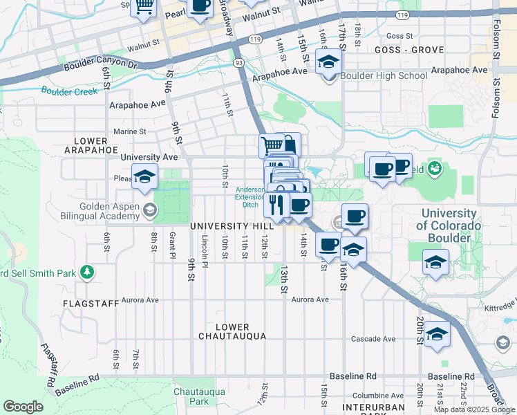 map of restaurants, bars, coffee shops, grocery stores, and more near 1139 12th Street in Boulder