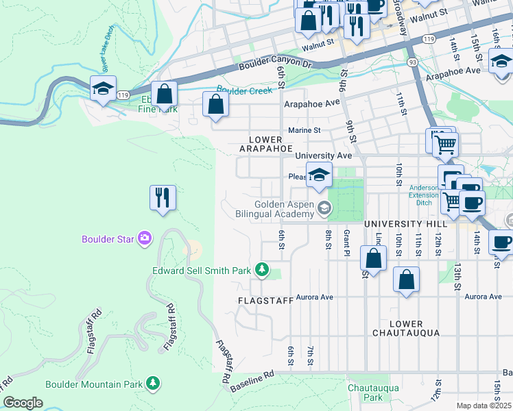 map of restaurants, bars, coffee shops, grocery stores, and more near 475 College Avenue in Boulder