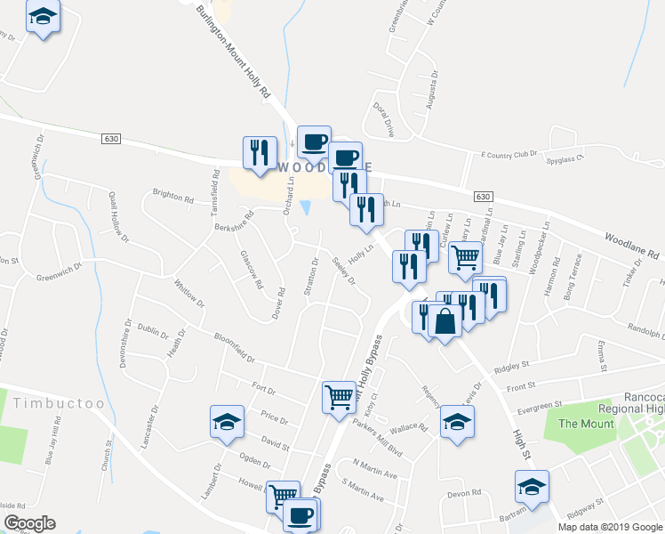 map of restaurants, bars, coffee shops, grocery stores, and more near 747 Holly Lane in Westampton