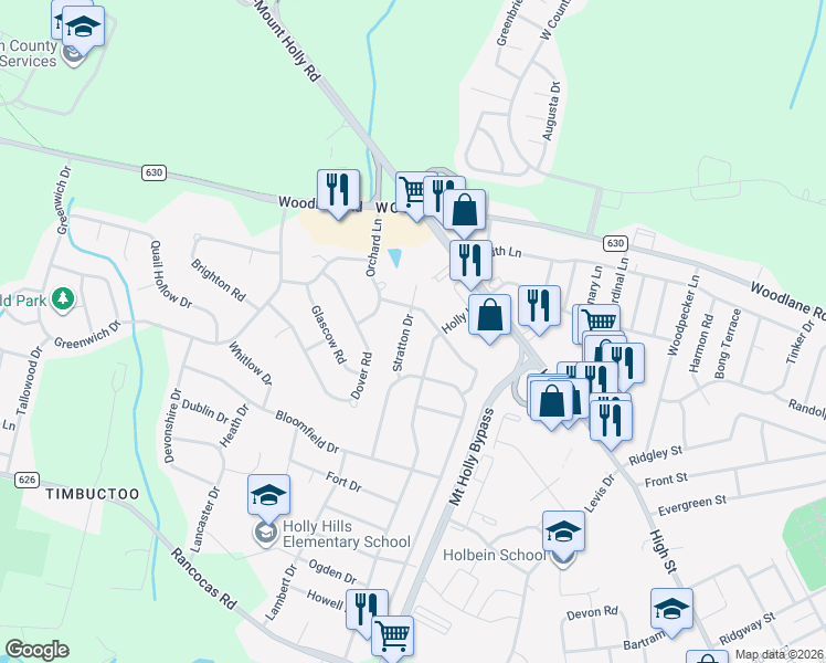 map of restaurants, bars, coffee shops, grocery stores, and more near 111 Stratton Drive in Westampton