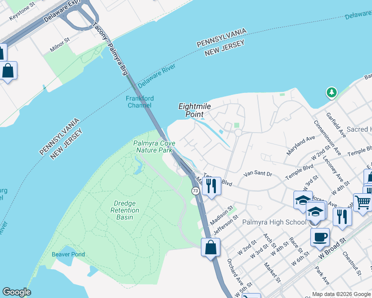 map of restaurants, bars, coffee shops, grocery stores, and more near 9405 Wrensong Court in Palmyra