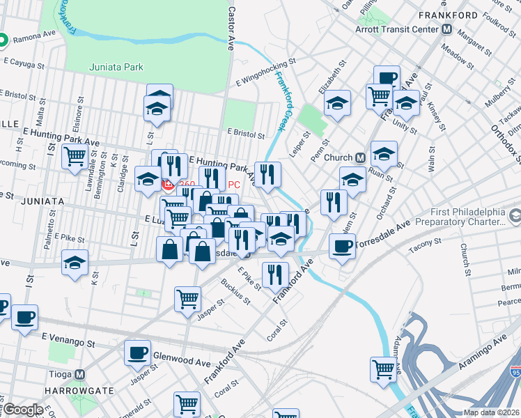 map of restaurants, bars, coffee shops, grocery stores, and more near 1617 Worrell Street in Philadelphia