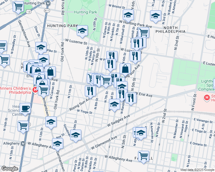 map of restaurants, bars, coffee shops, grocery stores, and more near 715 West Erie Avenue in Philadelphia