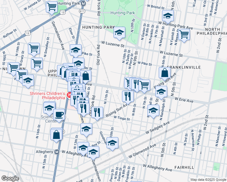 map of restaurants, bars, coffee shops, grocery stores, and more near 1041 West Pacific Street in Philadelphia